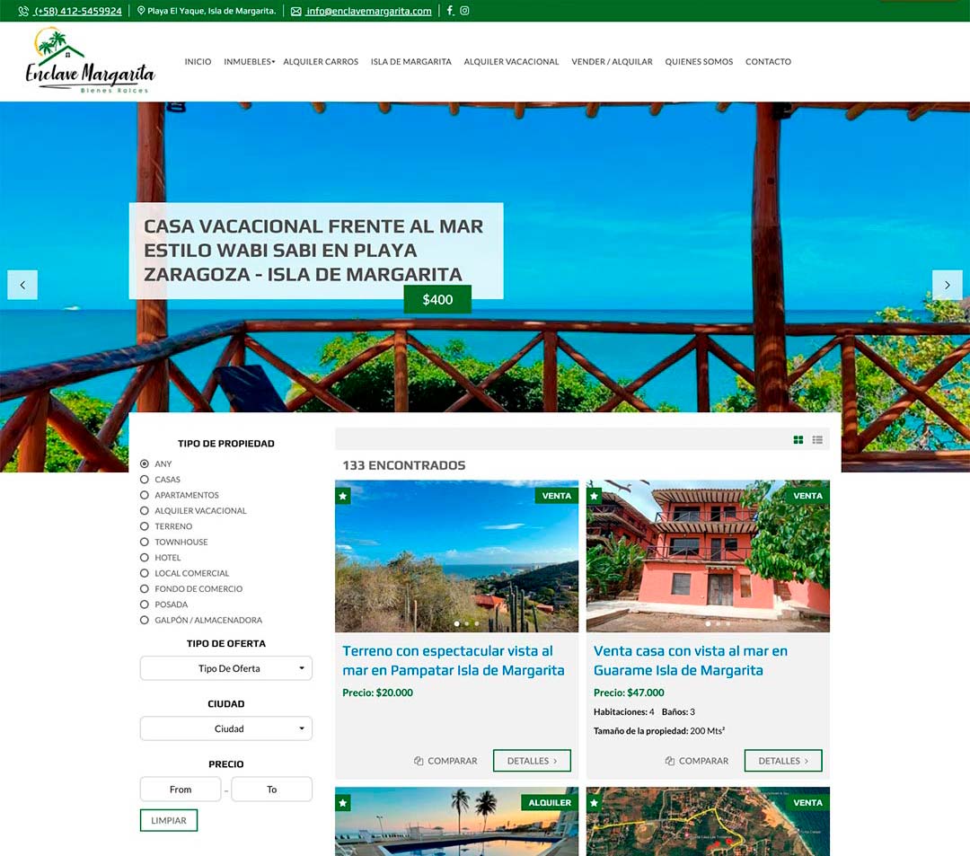 Portafolio desarrollo web: Portal inmobiliario Isla de Margarita - EnclaveMargarita.com